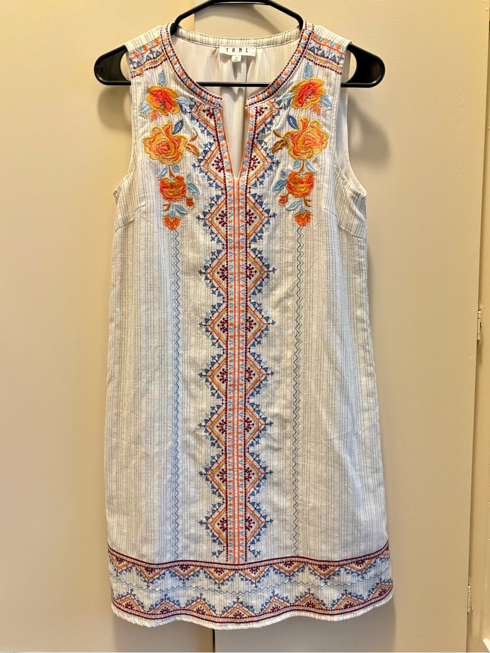 THML Embroidered Cotton-Linen Mini Shift Dress